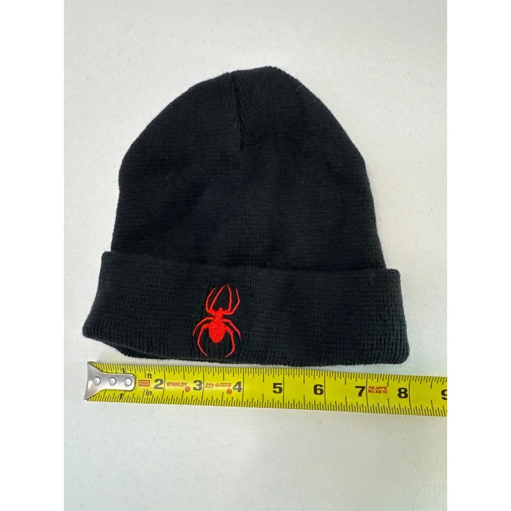 Kids Black Knit Beanie Hat Red Embroidered Spider Logo Acrylic Winter Cap